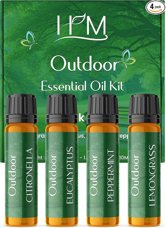 HM Outdoor Essential Oil Kit – 4 Pack | Gift Set | Lemongrass, Eucalyptus, Citronella, Peppermint | Refreshing Aromatherapy for Camping, Patio & Outdoor Use – 1.35 FL OZ Each