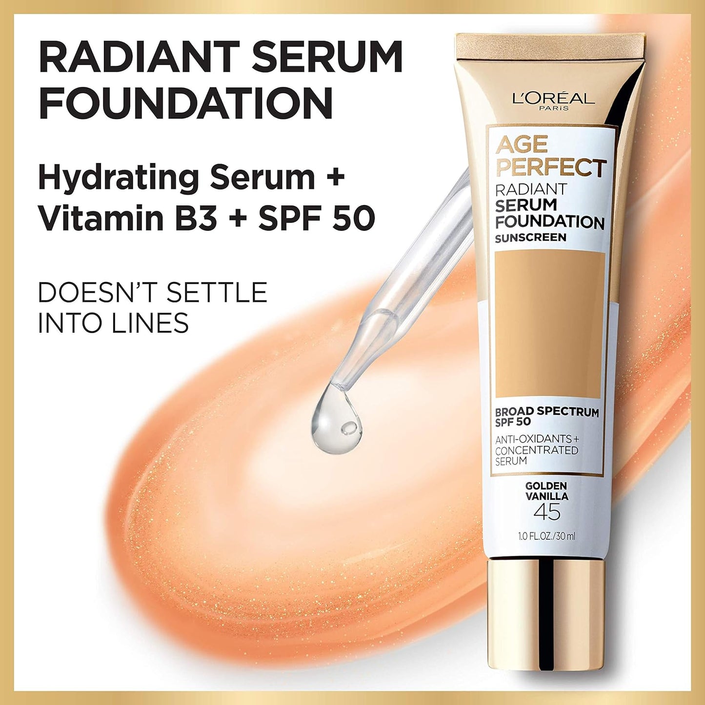 L'Oreal Paris Age Perfect Radiant Serum Foundation with SPF 50, Beige Rose, 1 fl. oz.