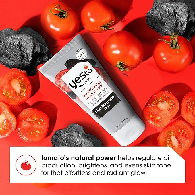 Yes To Tomatoes Clear Skin Detoxifying Charcoal Mud Mask For Acne Prone Skin Draw Out Impurities And Prevent Breakouts Contains Salicylic Acid 96 Natural Ingredients, Red, Tomato, 2.006 Fl Oz