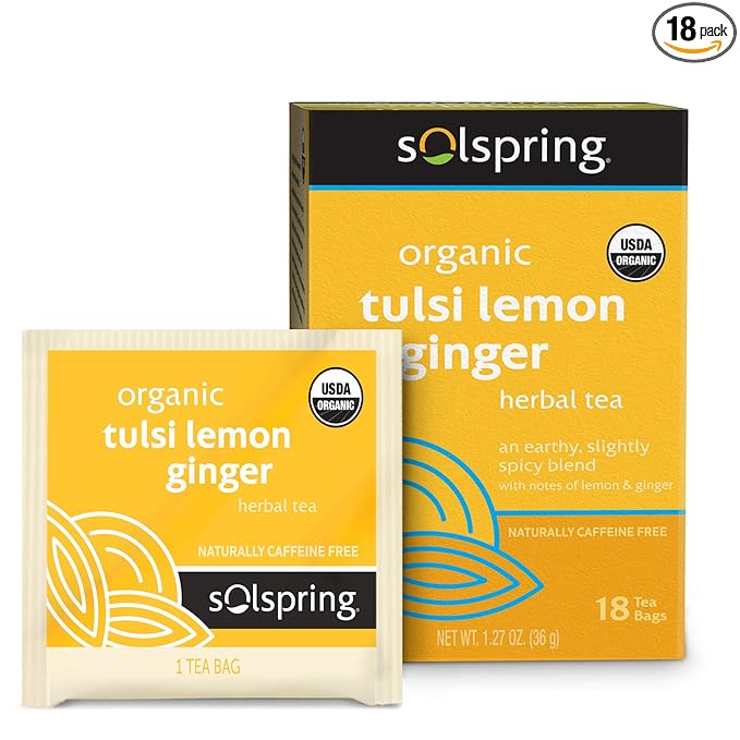 Dr. Mercola Solspring Organic Tulsi Lemon Ginger Herbal Tea, 18 Tea Bags, Naturally Caffeine Free, USDA Organic, Organic Demeter Certified