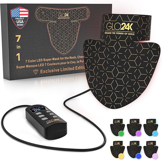 GLO24K 7 Color LED Super Mask for the Neck, Chest & Décolleté. 240 LED Diodes. A SPA-at-Home Experience for Smoother, Glowing Skin