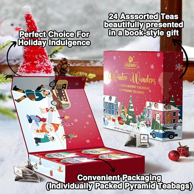 BREWIX, Tea Advent Calendar 2024 | 24 Pyramid Tea Bags - Luxury Gift Box | Selection of 24 Delightful Black/Green Teas and Infusions | Christmas Gift Idea for Men and Women