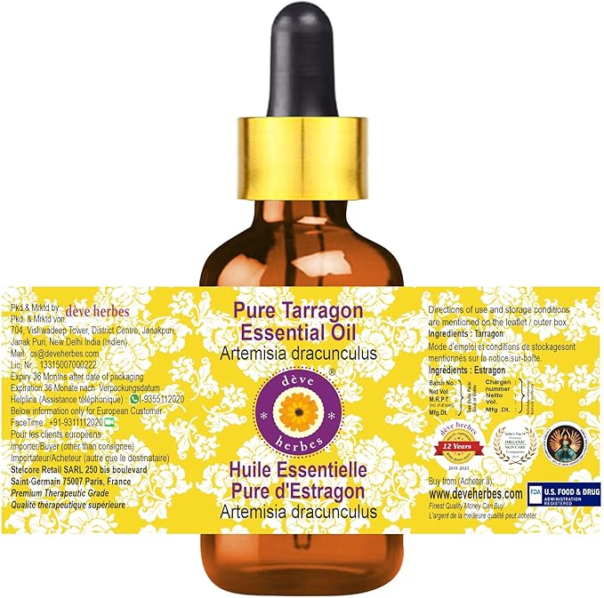 Deve Herbes Pure Tarragon Essential Oil (Artemisia Dracunculus) with Glass Dropper Steam Distilled (Pack of Two) 100ml X 2 (6.76 oz)
