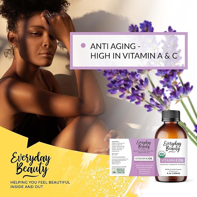 Organic Vitamin E Oil - Heavenly Lavender Scented USDA Certified 100% All Natural Plant Based 4oz - Lightweight and Great for Scars After Surgery - For Face, Skin and Nails