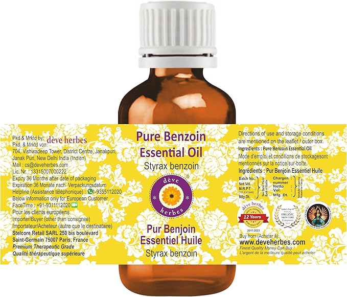 Deve Herbes Pure Benzoin Essential Oil (Styrax Benzoin) Steam Distilled 30ml (1 oz)