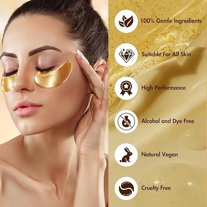 GEMERRY Under Eye Patches 60 Pcs - 24K Gold Under Eye Patches for Puffy eyes, Dark Circles, and Smooth Wrinkles, Perfect Gifts for Women Gentle Formula Self Care Under Eye Mask Rejuvenating Treatment