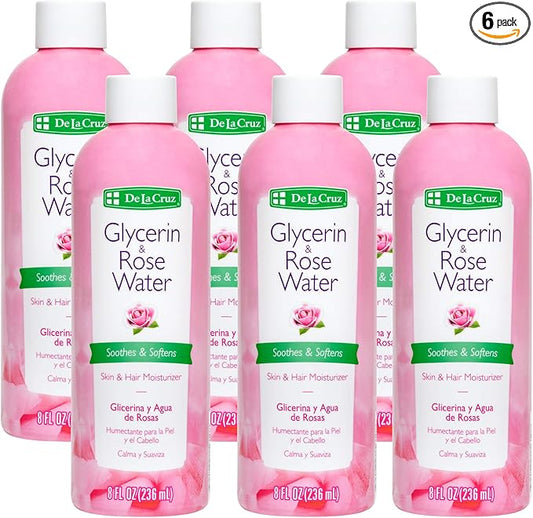 De La Cruz Rose Water and Glycerin for Face - Rosewater Facial Toner and Moisturizer for Skin and Hair 8 fl oz (236 mL) - 6 Bottles