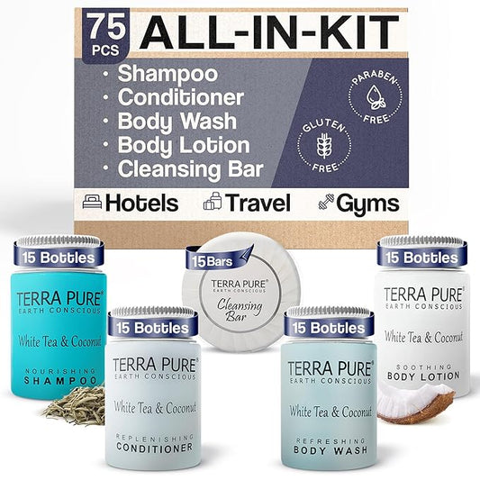 Terra Pure White Tea & Coconut Toiletries Set | 1-Shoppe Amenities Kit | 1oz Liquids, 1.25oz Bar Soap | Hotels, Airbnb & Rentals | 75 Pieces