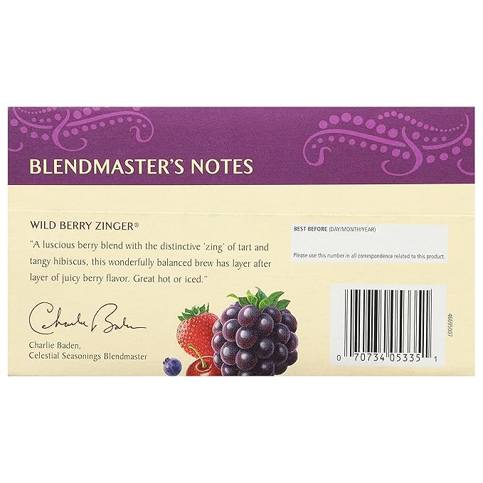 Celestial Seasonings Wild Berry Zinger Herbal Tea, Caffeine Free, 20 Tea Bags Box (Pack of 3)