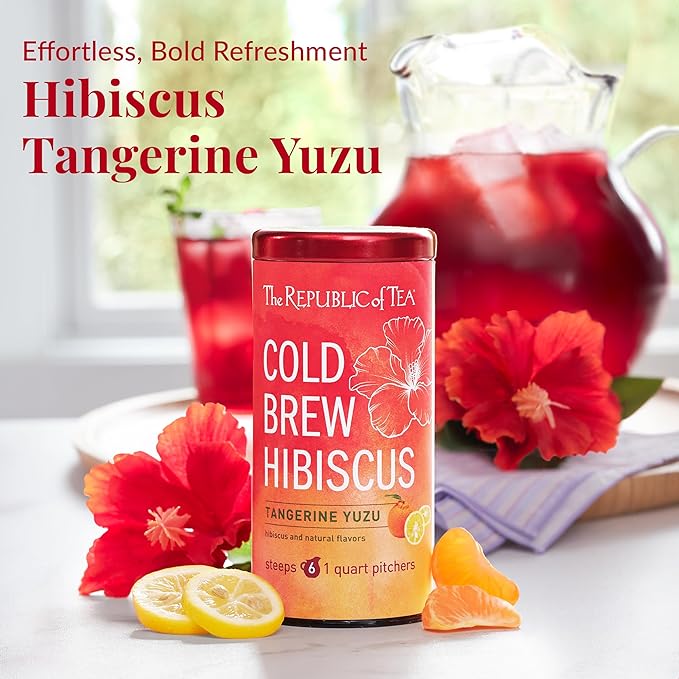 The Republic of Tea – Cold Brew Hibiscus Tangerine Yuzu Iced Tea, Large Herbal Iced Tea Pouches, Steeps Six One-Quart Pitchers