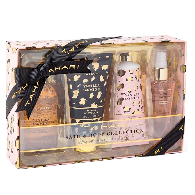 Tahari Vanilla Jasmine Spa Gift Set for Women – Luxurious Bath Kit with Body Lotion, Body Wash & Body Mist – Perfect Selfcare Gifts for Women (Leopard)