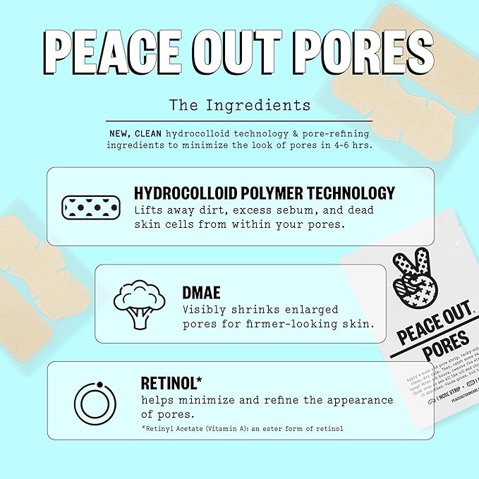 PEACE OUT Skincare Pore Minimizing Strips, Hydrocolloid Pore-Refining Nose and Face Strips with Retinol & Vitamin A to Shrink Enlarged Pores and Remove Blackheads (4 pore and 4 nose strips)