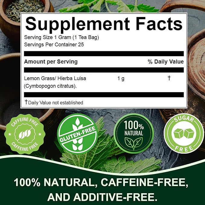 Hanan Lemongrass 25 Herbal Tea Bags - Hierba Luisa Te de Limon Dried Lemon Grass Leaf Herbs & Hierbaluisa Natural Supplement from Peru