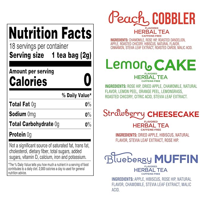 Red Rose Sweet Temptations Dessert Tea Variety Pack Summer Flavors, Zero Sugar, Caffeine-Free Flavored Delicious Beverage Herbal Tea, 18 Count Pack of 4 Fruit Naturally Flavored Herbal Tea