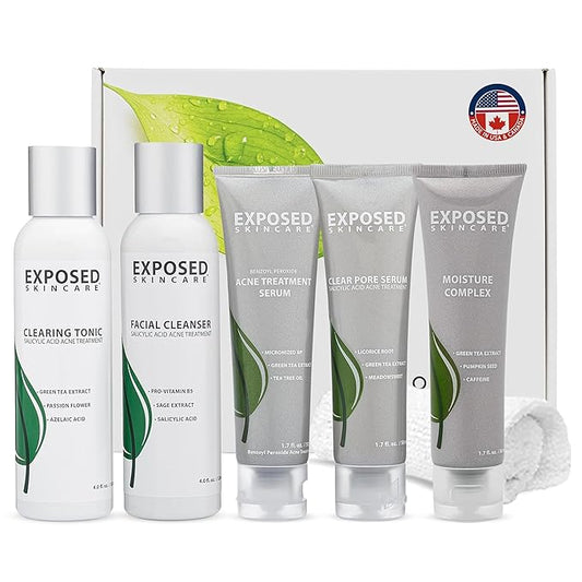 Exposed Skin Care Expanded Acne Treatment Kit - Includes Salicylic Acid Face Wash, Clearing Tonic, Treatment Serum with Benzoyl Peroxide, Clear Pore Serum, Moisture Complex - Made for All Skin Types