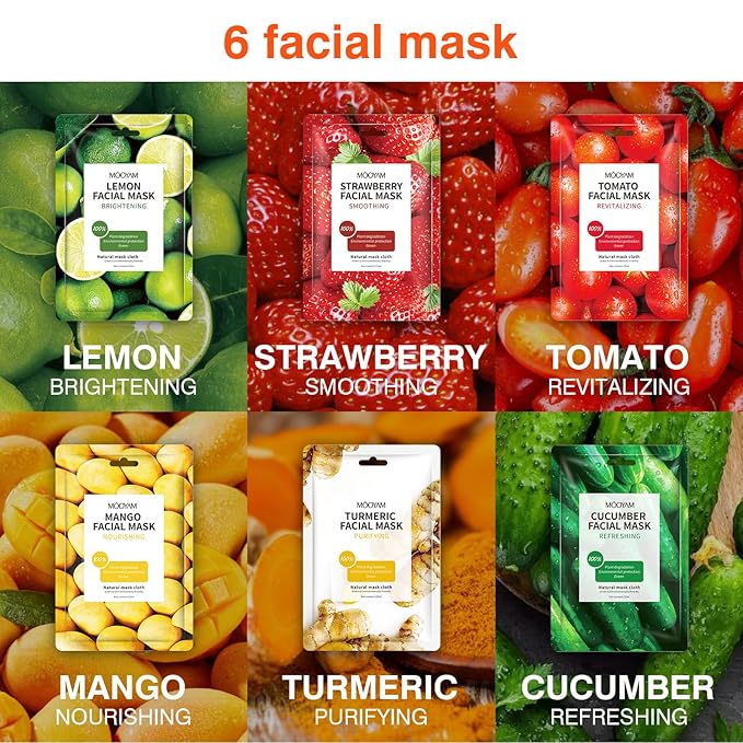 Face Mask Skincare - 12 Sheet Masks, Spa Party Face Masks, Natural Ingredients, Moisturizing & Soothing - Suitable for All Skin Types