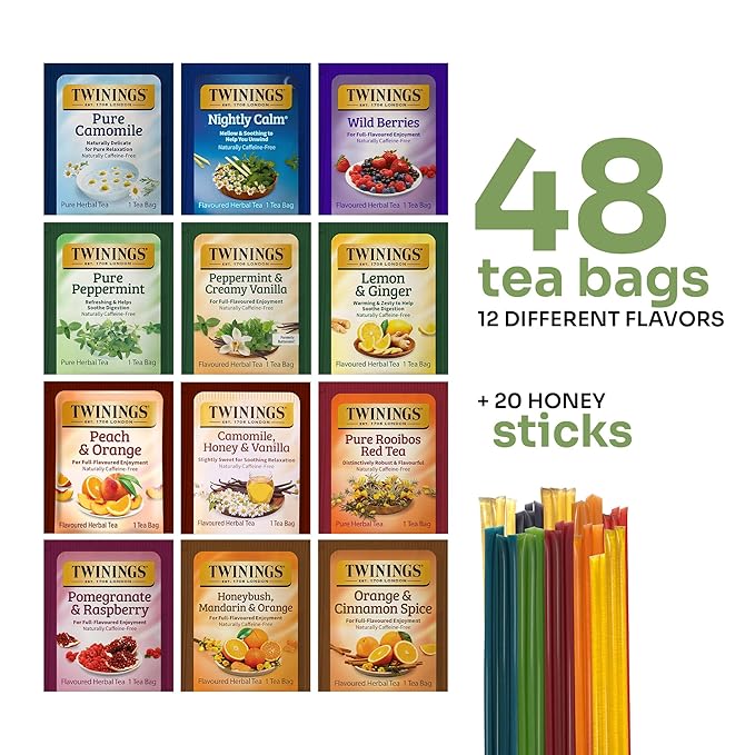 Tea Bunch Twinings 48 Tea Bags Herbal Variety Pack – 12 Herbal Flavors with 20 Honey Sticks, Perfect Tea Gift Set for Any Occasion