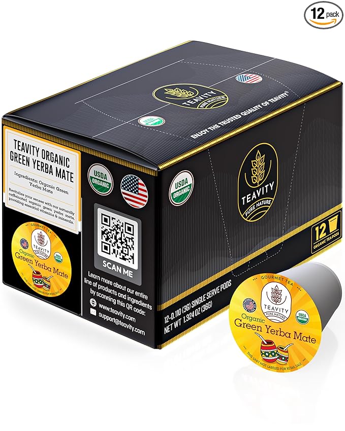 Organic Yerba Mate Tea Pods for Keurig - Green, Unsmoked Yerba Mate by Teavity (12 Tea Pods)