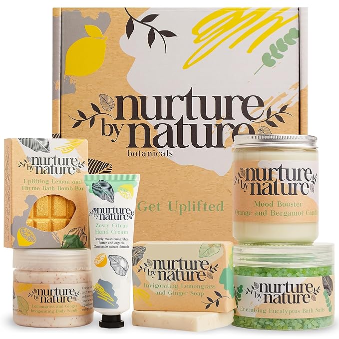 Nurture by Nature RELAX & UPLIFT Spa Kit – Mothers Day Gifts – Spa Gift Baskets for Women, Self-Care Gifts, Complete Bath Sets for Women Gift - Bath Salts, Bath Bombs & Candle, Relaxation Gifts