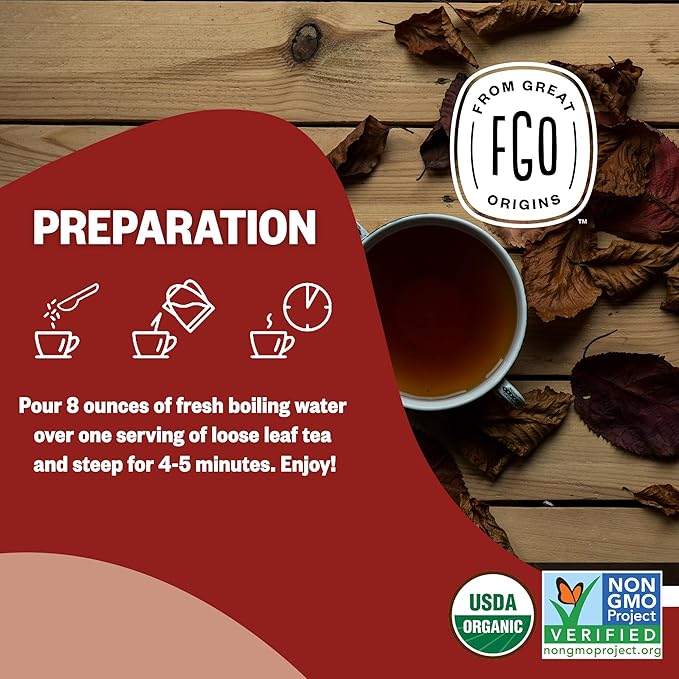 FGO Organic Rooibos Tea, 16 Ounce Loose Leaf Bulk Resealable Bag, Caffeine Free, Packaging May Vary (Pack of 1)