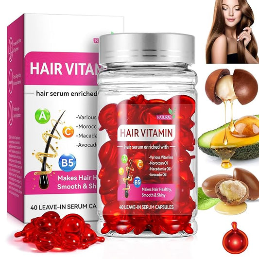 Hair Treatment Serum, 40 Pcs Hair Vitamin Serum Capsule, Restores Dry Frizzy Hair, Hair Oil Capsules Rich in Vitamin A C E B5, with Moroccan/Macadamia/Avocado Oil for Hair Repair(Box-Packed)