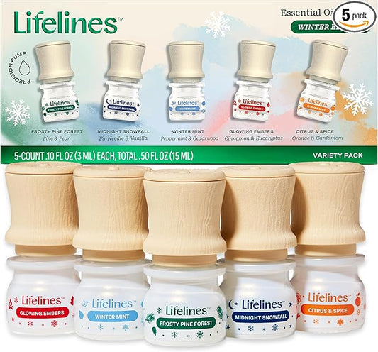 Lifelines Essential Oil Blend Discovery Set, 5 Pack Winter - Aromatherapy Scented Oils with Mess-Free Precision Pump for Diffusers & Humidifiers - Aroma Experience with 5 Unique Blends