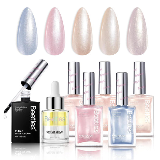 Beetles Pearl Nail Polish Set 7Pcs, Nude Pink Frosty Blue Beige Quick-drying Nail Polish Kit, with 2 IN 1 Base & Top Coat and Cuticle Serum 20ml All-in-One Care Nails Gift Sets