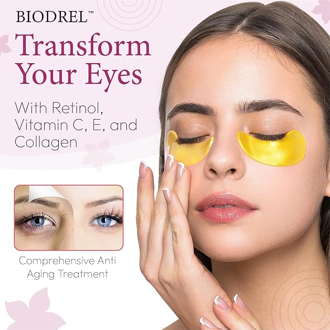 BIODREL- Under Eye Patches (20 Pairs) for Dark Circles, Puffy Eyes, Wrinkles, Eye Bags Treatment - Collagen Mask for Men & Women with Retinol, Vitamin C - Cooling Eye Gel Pads - Puffiness Care Masks