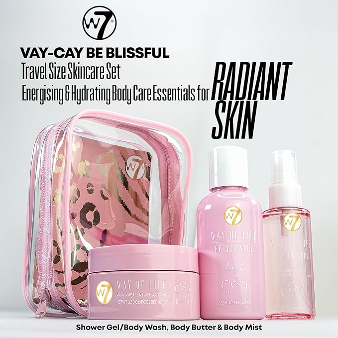 W7 VAY-CAY Be Blissful - Travel Size Skincare Set | Carry On Luggage Essentials: Shower Gel & Body Wash, Body Butter & Body Mist | Energizing & Hydrating Body Care for Glowing Skin