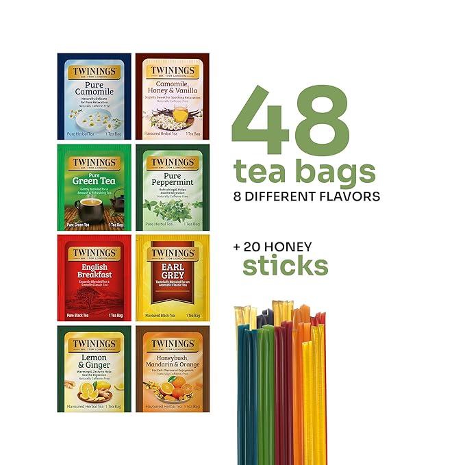 Tea Bunch Twinings 48 Tea Bags Herbal Variety Pack – 8 Herbal Flavors with 20 Honey Sticks, Perfect Tea Gift Set for Any Occasion