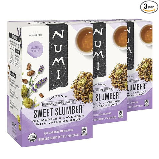 Numi Organic Tea Sweet Slumber, Valerian Root, Chamomile & Lavender Sleep Tea, 16 Tea Bags (Pack of 3), Packaging May Vary