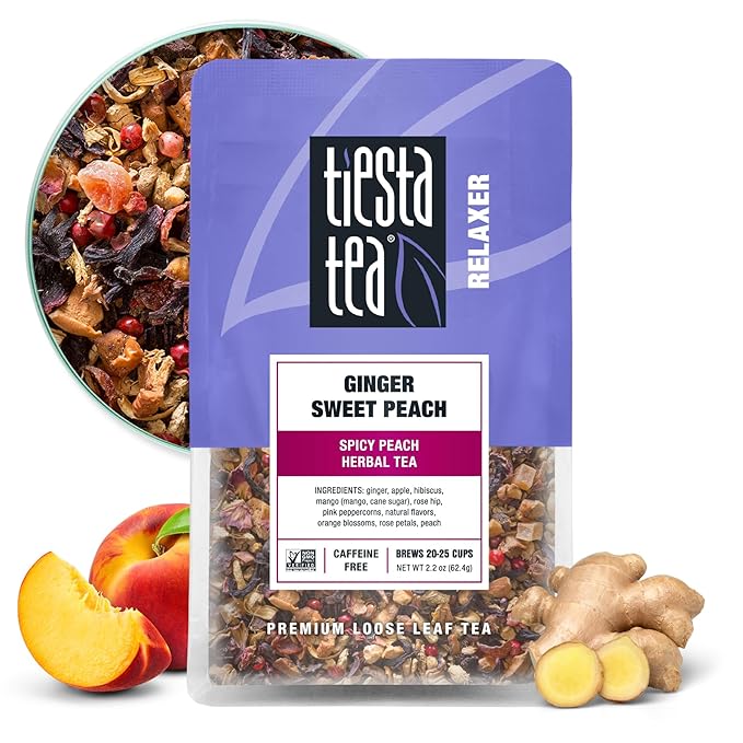 Tiesta Tea - Ginger Sweet Peach | Loose Leaf | Spicy Peach Herbal Tea | Non-Caffeinated Tranquility Blend | Bulk Herbal Leaves with Hibiscus & Cane Sugar | 25 Cups | 2.2 Ounce Resealable Pouch