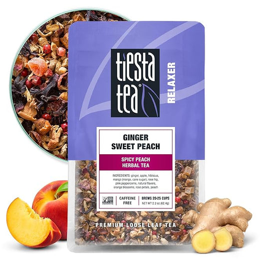 Tiesta Tea - Ginger Sweet Peach | Loose Leaf | Spicy Peach Herbal Tea | Non-Caffeinated Tranquility Blend | Bulk Herbal Leaves with Hibiscus & Cane Sugar | 25 Cups | 2.2 Ounce Resealable Pouch
