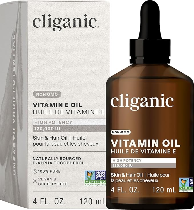 Cliganic 100% Pure Vitamin E Oil for Skin, Hair & Face - 120,000 IU, Non-GMO Verified | Natural D-Alpha Tocopherol (Packaging May Vary)