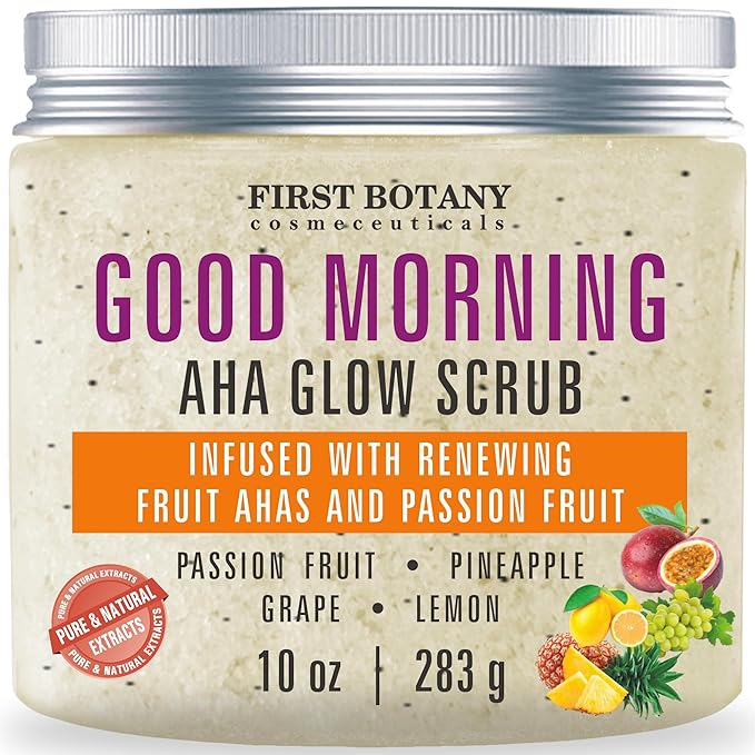 First Botany Body Scrub - Natural Exfoliating Salt Scrub & Body and Face Souffle helps with Moisturizing Skin, Acne, Cellulite, Dead Skin Scars, Wrinkles (10 fl oz, AHA Passion Fruit)