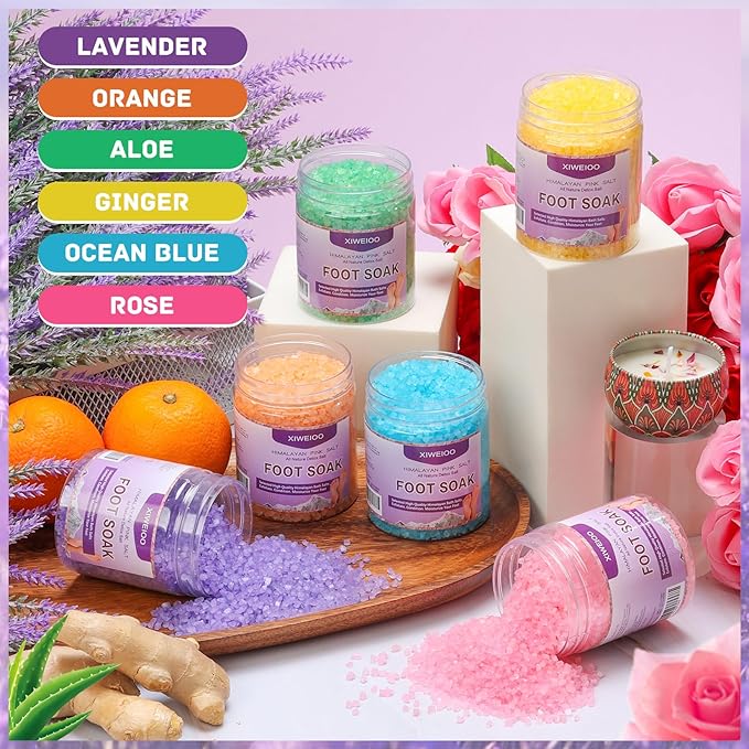 Foot Soak 6 Himalayan Foot Bath Salt Set Orange Lavender Aloe Ocean Blue Himalayan Pink Salt Rose Feet Soak kit with Epsom Salt,Soothe Joint Soreness, Tired Feet, Softens Calluses