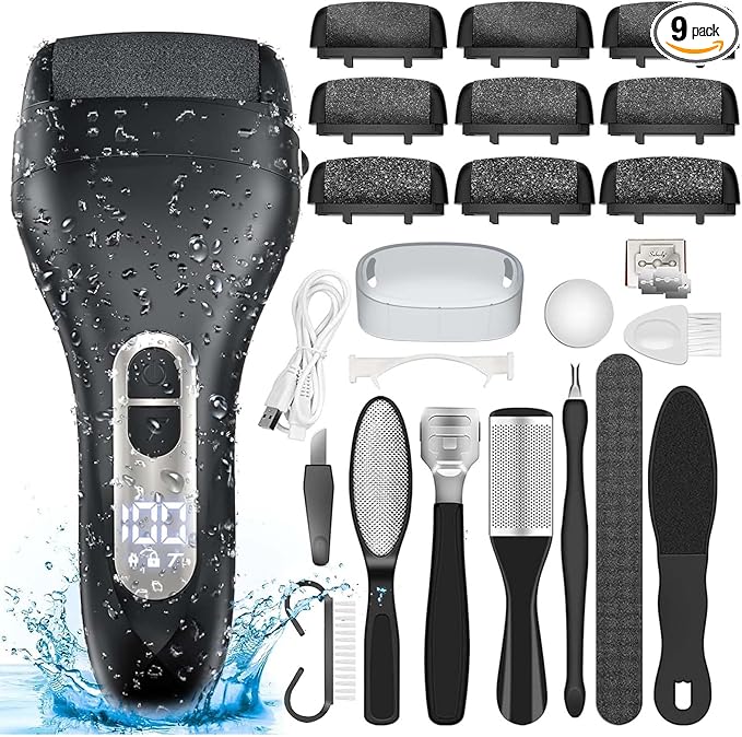 Electric Callus Remover for Feet - with 9pcs Larger Grinding Head, Portable Pedicure Kit Foot File Callus Remover, Rechargeable Waterproof Foot File for Foot Care Deadskin Remover LCD Display-Black