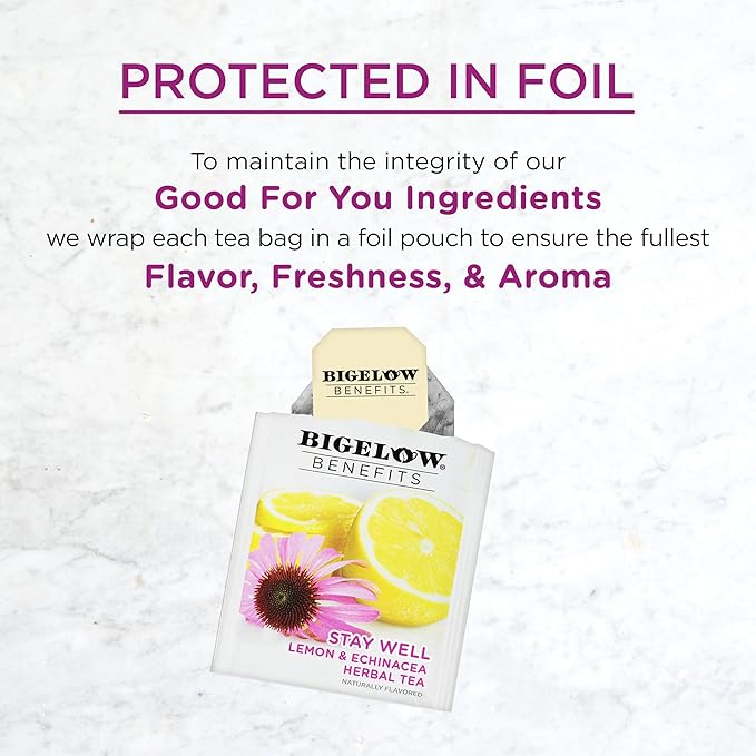 Bigelow Benefits Stay Well Lemon and Echinacea Herbal Tea, Caffeine Free, 18 Count (Pack of 6), 108 Total Tea Bags