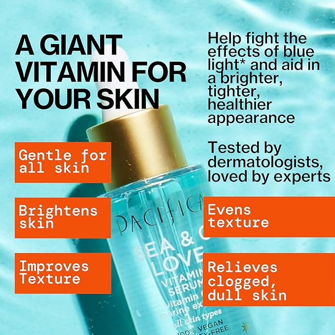 Pacifica Beauty Sea and C Love Vitamin C Serum, Skincare, Hyaluronic Acid, Green Tea, Marine Extracts, Blue Light Protection, Brightening, Lightweight, Face Care, Skin Care Serum, 1 fl oz (1 Count)