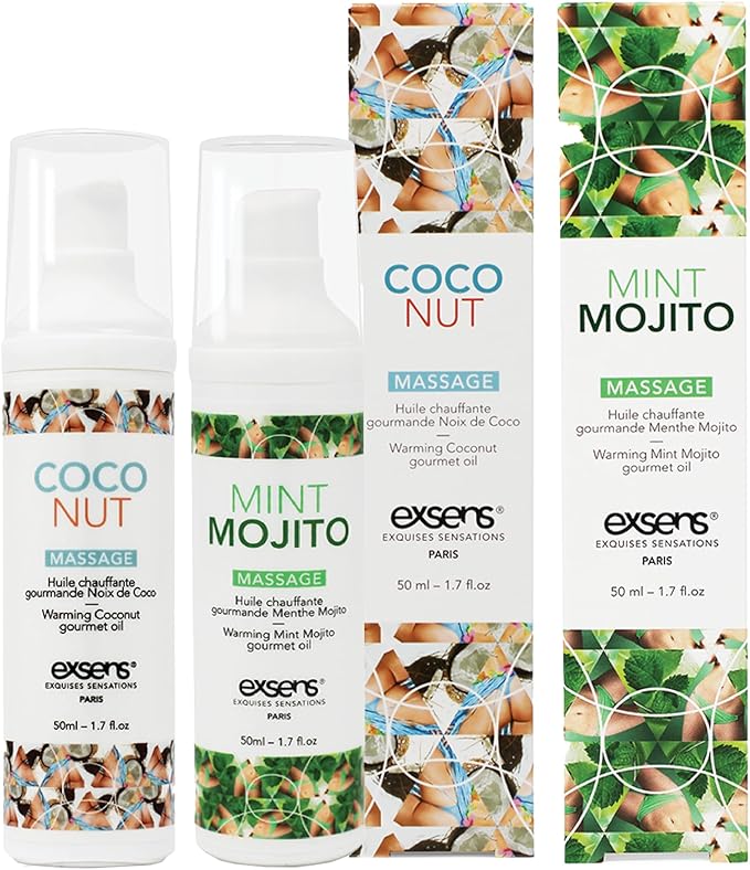 Exsens Warming Massage Oils Coconut and Mint Mojito Flavors, for Men, Women and Couples, All Natural, 2 Pack