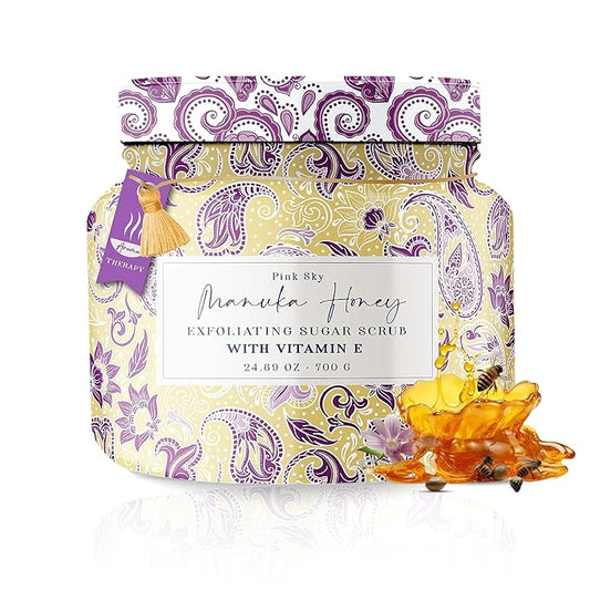 Pink Sky Exfoliating Body Scrub - Ultra Gentle Sugar Scrub for Smooth Skin - Premium Body Scrubs for Radiant, Soft Skin - Ideal Exfoliator for All Skin Types - 700g (Manuka Honey, 24.69 Oz)