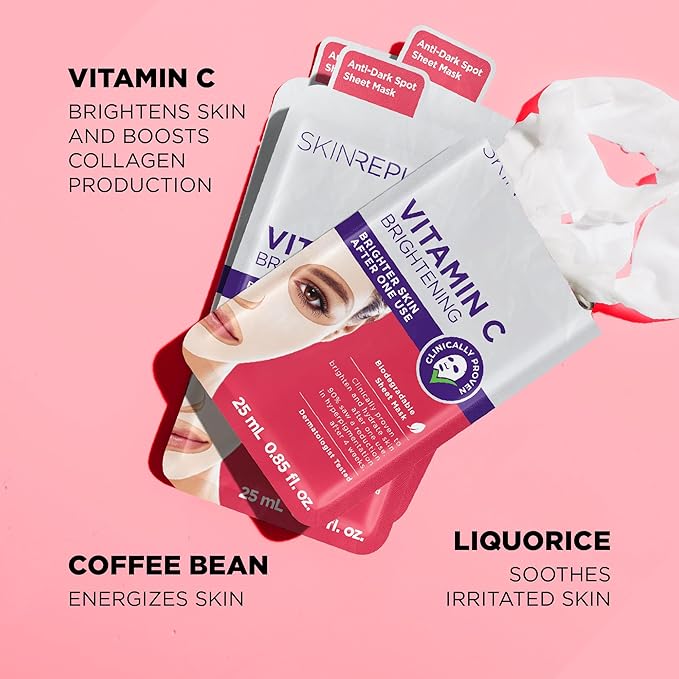 Skin Republic Vitamin C Brightening Sheet Mask Proven to Brighten and Hydrate After One Use. Made in Korea.
