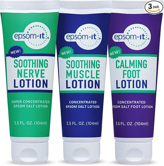 EPSOM-IT Calming Foot Lotion - Topical Magnesium Cream for Tired Feet & Ankles, Epsom Salt Magnesium Sulfate Rub, Soften Tough Skin & Cracked Heels, Stiffness in Legs, Knees and Feet, 3.5oz, 3-Pack