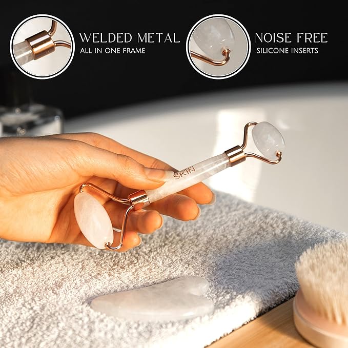 Cristy Premium Face Roller & Gua Sha Set, Jade Roller Beauty Massage Tool, for Face, Neck and Body Muscle Relaxing, Relieve Fine Lines and Wrinkles Crystal Clear Quartz (White)