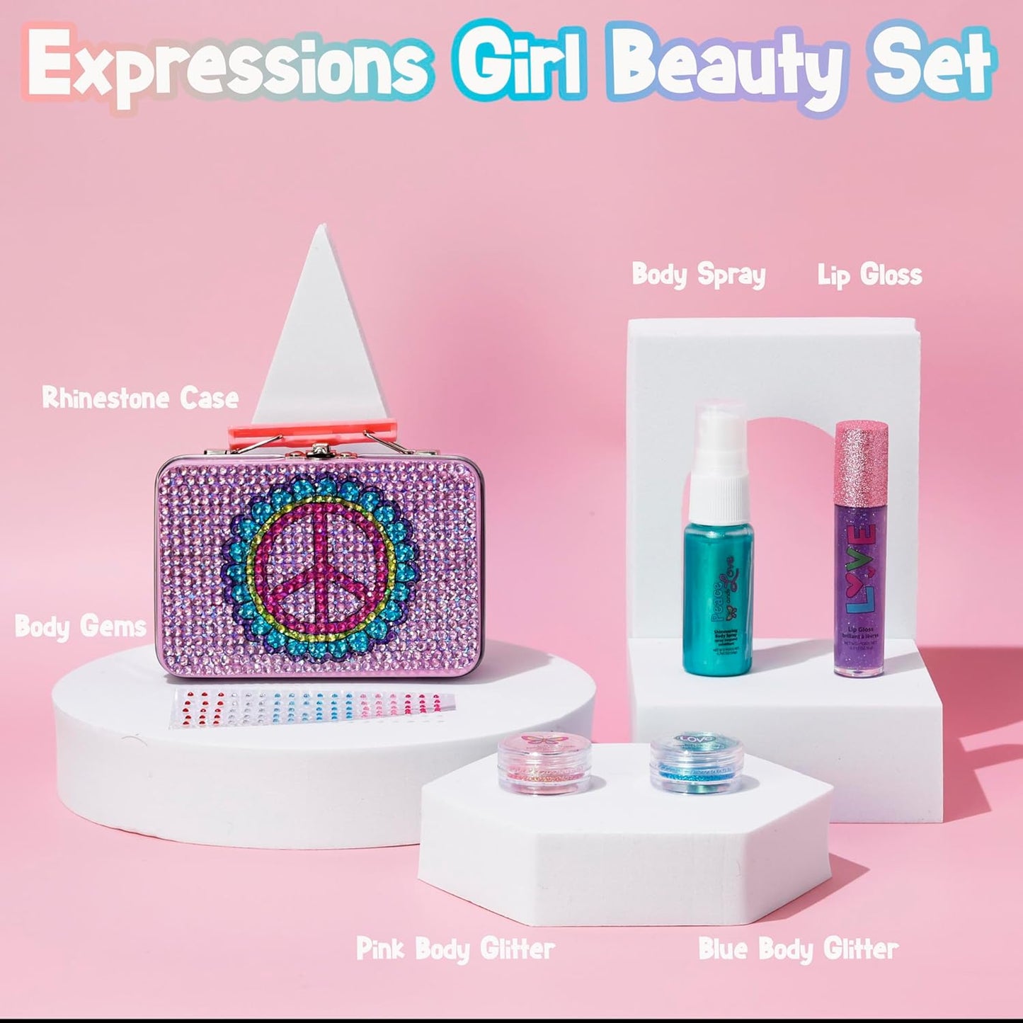 Expressions 6pc Peace & Rhinestones Beauty Set w/Tin Box Storage Case - Body Spray, Body Glitter, Mini Body Gems, and Lip Gloss Set,Washable + Non Toxic