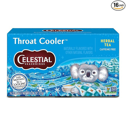 Celestial Seasonings Throat Cooler Herbal Tea, Caffeine Free, 16 Tea Bags Box