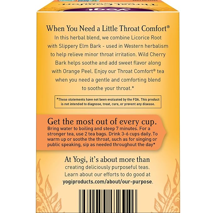 Yogi Tea - Throat Comfort (6 Pack) - Soothes the Throat with Wild Cherry Bark, Licorice Root, Mullein, and Ginger - Caffeine Free - 96 Organic Herbal Tea Bags