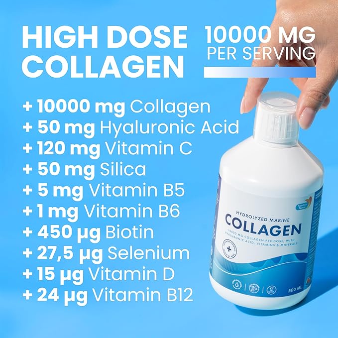 Swedish Nutra - Liquid Marine Collagen 10,000mg - 3 Packs of 500ml I Hydrolyzed Collagen Peptides (Type I & III) I Hyaluronic Acid, Biotin, Vitamin C - 60 Day Supply