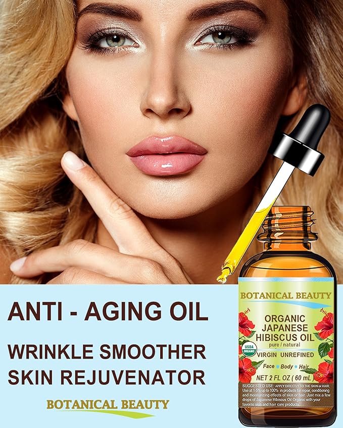 Botanical Beauty Organic HIBISCUS OIL (Hibiscus Sabdariffa) JAPANESE 100 Pure Natural VIRGIN UNREFINED COLD PRESSED Anti Aging, Vitamin E oil for FACE, SKIN, HAIR GROWTH 2 Fl.oz.- 60 ml