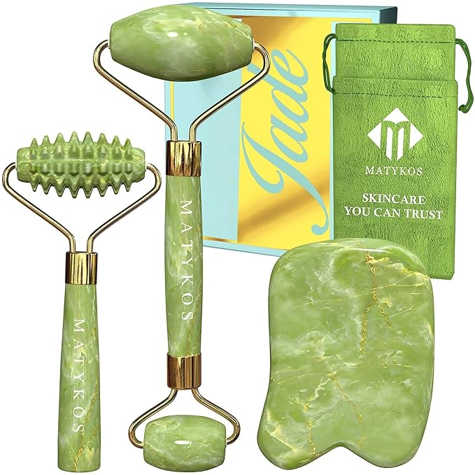 Jade Roller for Face and Gua Sha Set - 2 Anti-Aging Facial Rollers and Gua-Sha Facial Tool - Face and Body Massager for Your Skincare Routine - Massage Tools for Wrinkles and Lifting